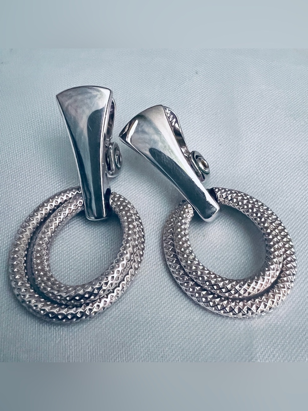 Monet Vintage Textured Sterling Silver Double Hoop Clip-On Earrings